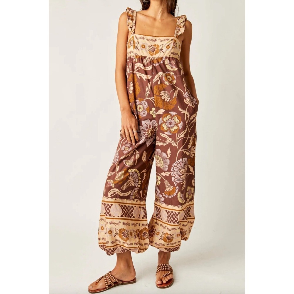 Free People Bali Albright Wide Leg Jumpsuit in Coffee Combo Brown Tan NWT Medium - Picture 9 of 11
